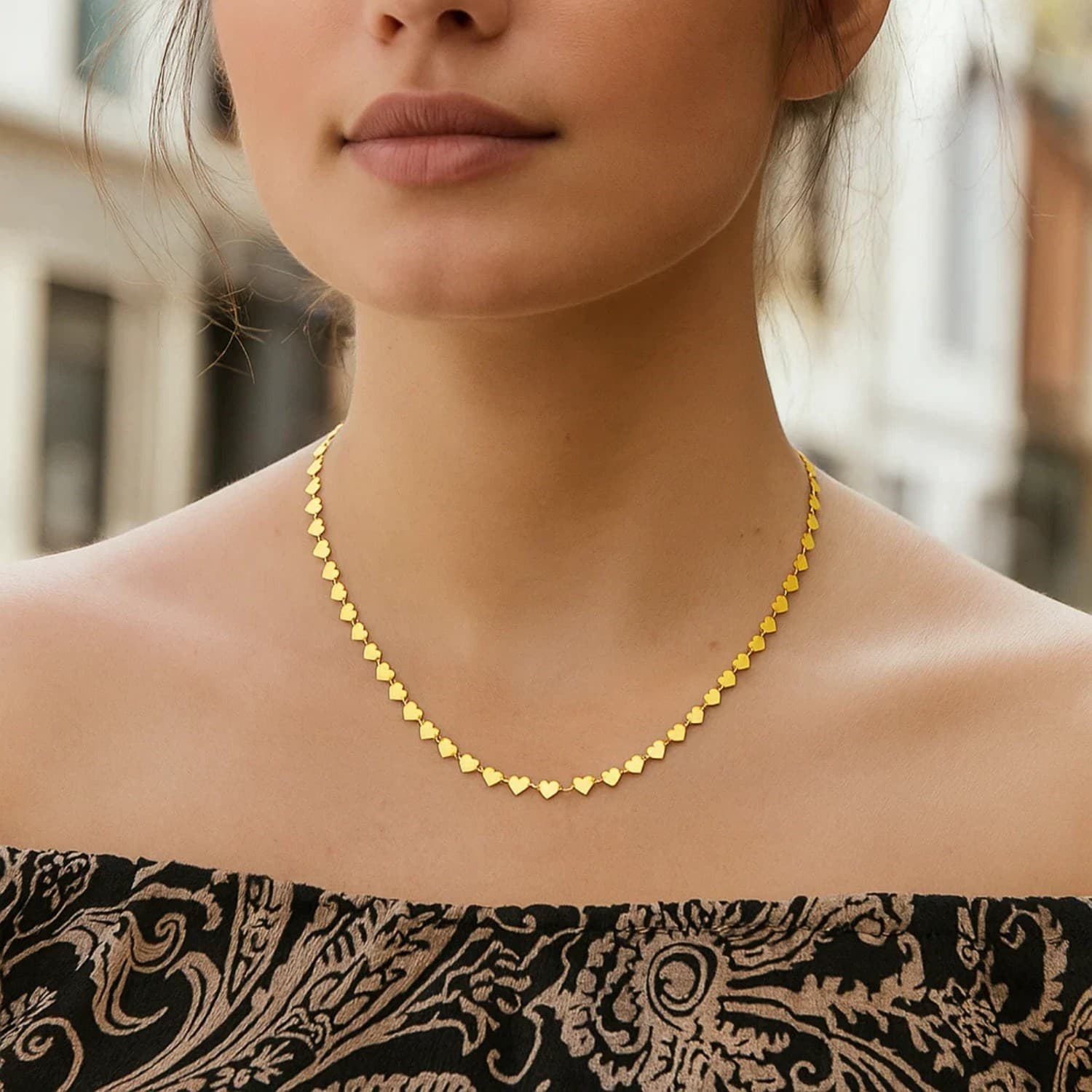 14k Yellow Gold Mirrored Heart Chain Necklace view 2