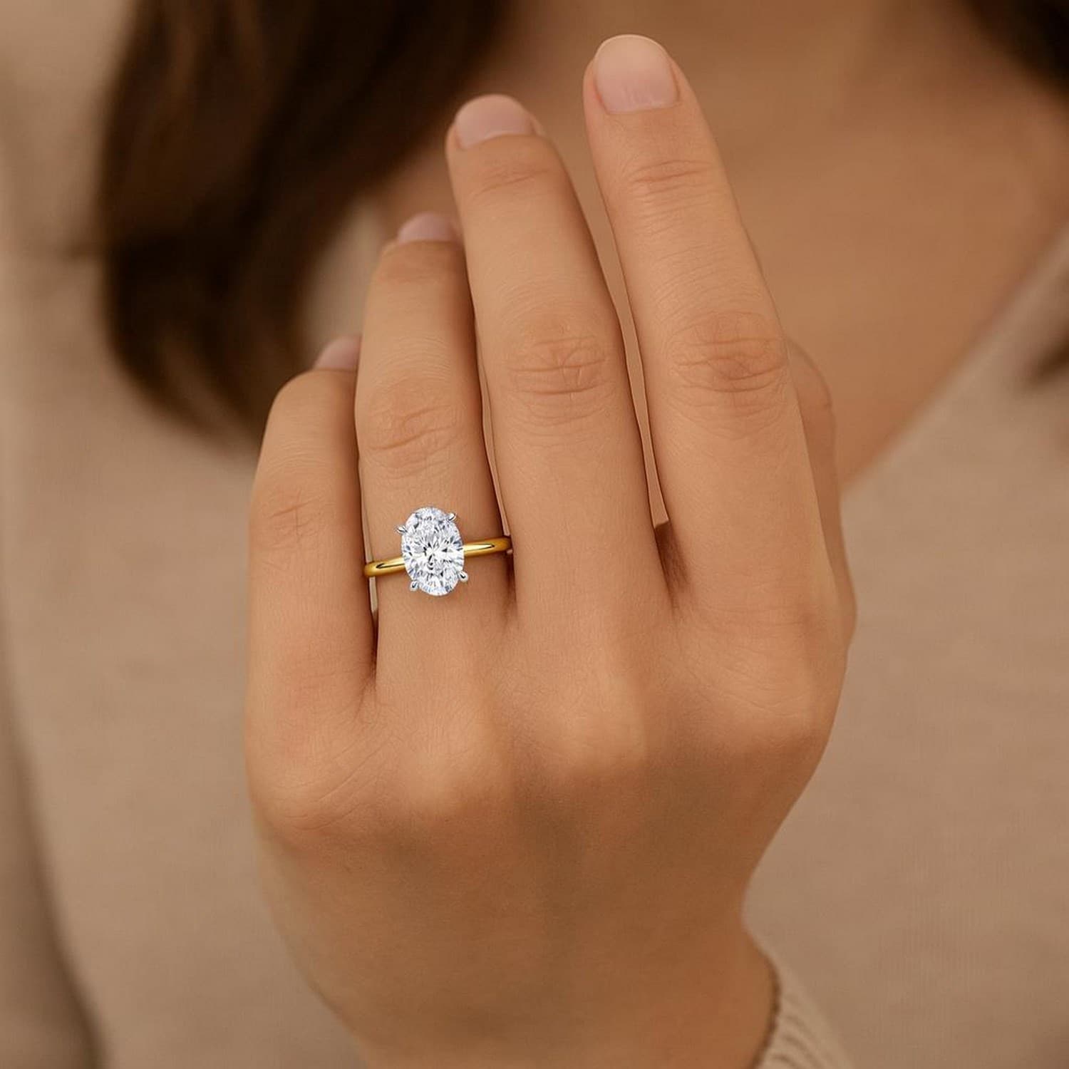 3 Carat Oval Lab Grown IGI G/VS1 Diamond Solitaire Ring in 14K Yellow Gold view 4