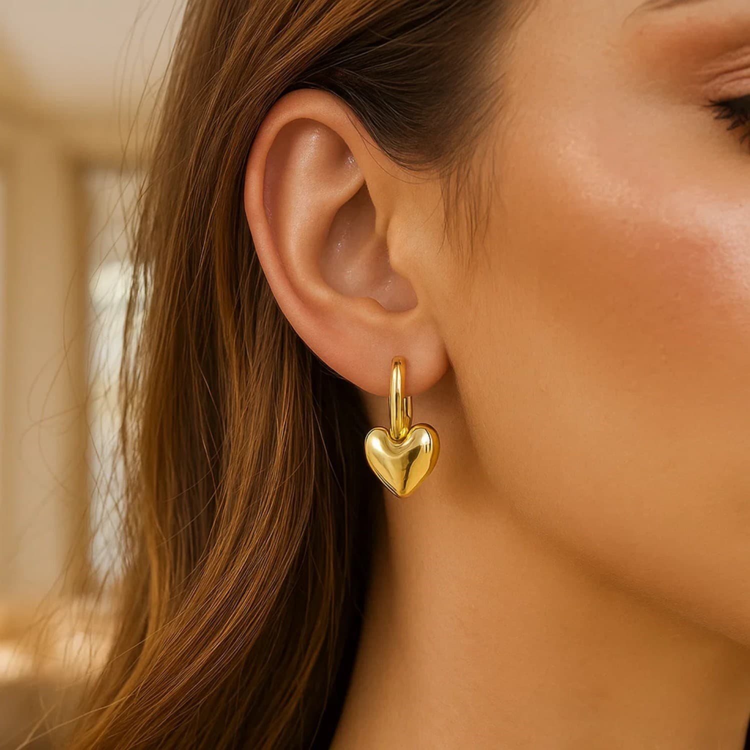 14K Yellow Gold Puffy Heart Dangle Huggie Hoops Earrings view 3