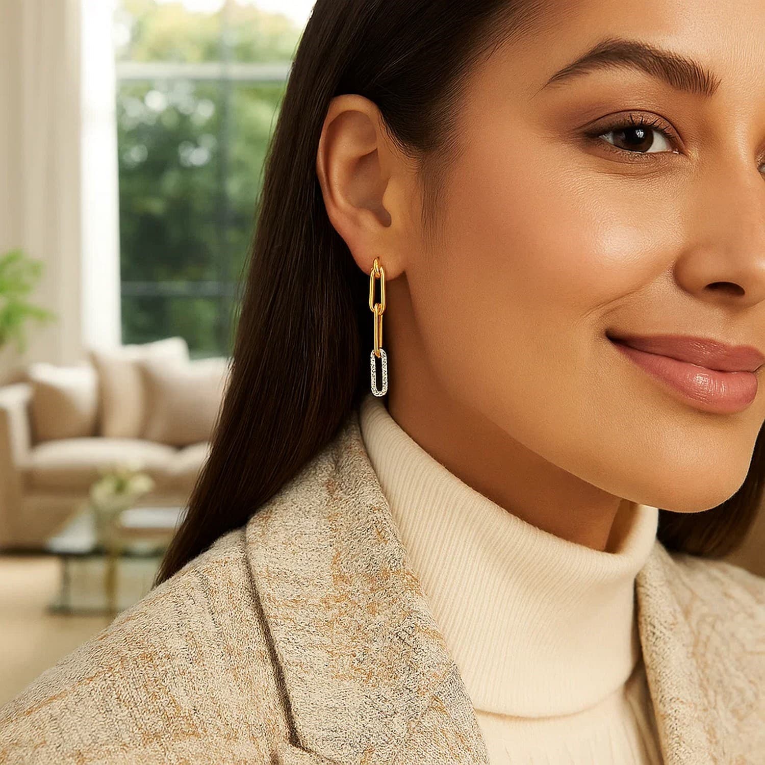 14k Yellow Gold Paperclip Chain Dangle Earrings with Diamonds view 3