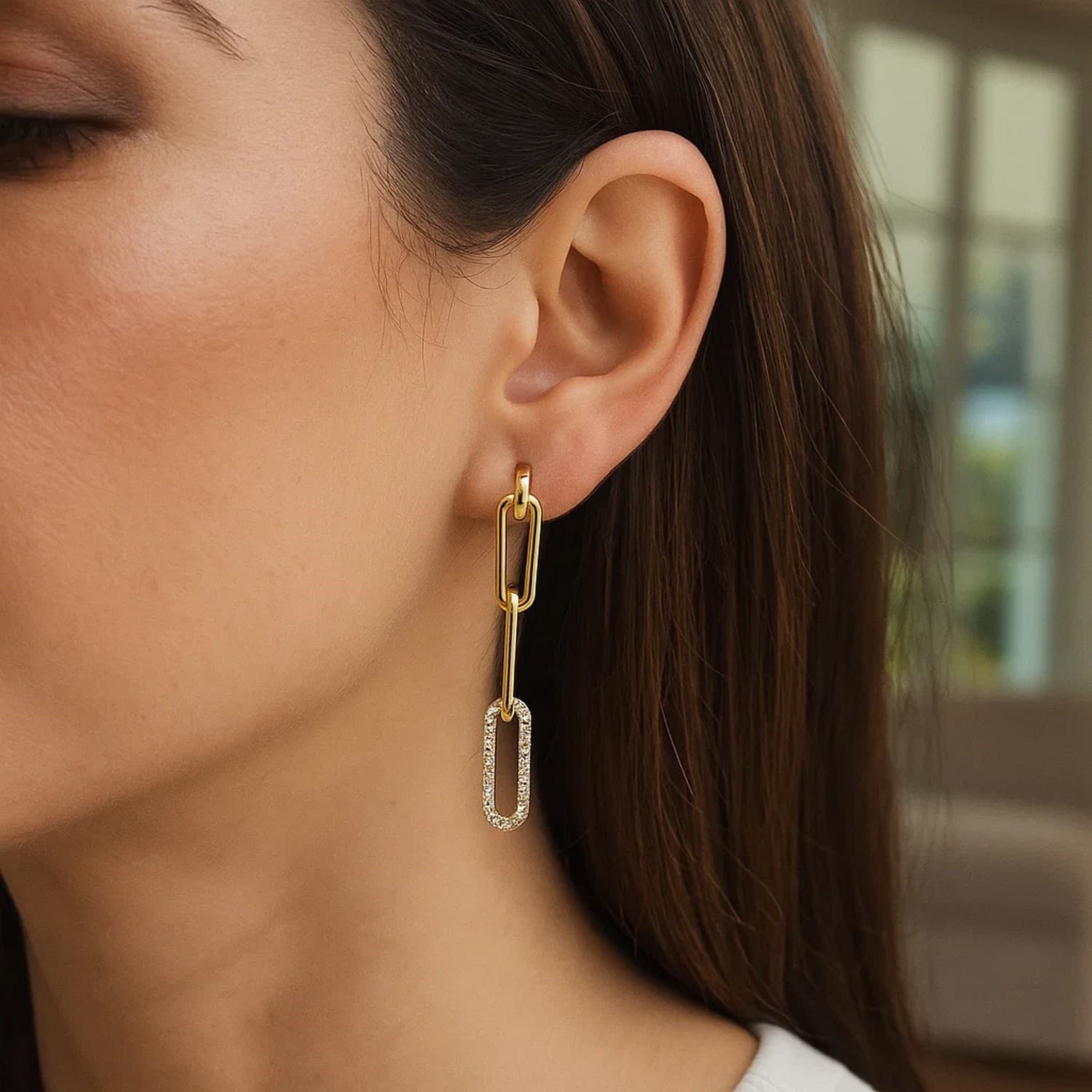 14k Yellow Gold Paperclip Chain Dangle Earrings with Diamonds view 6