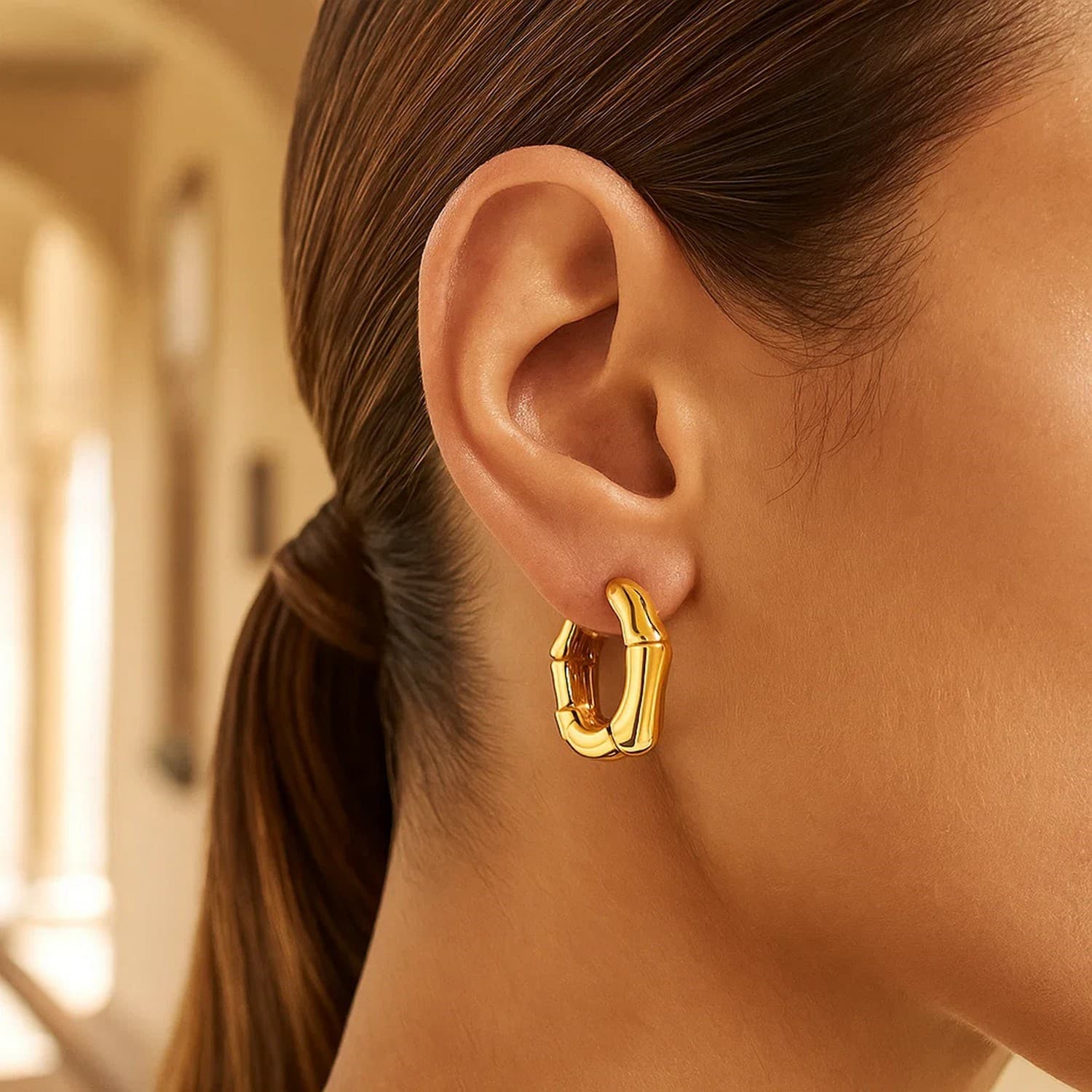 14k Yellow Gold Bamboo Huggie Hoops view 3