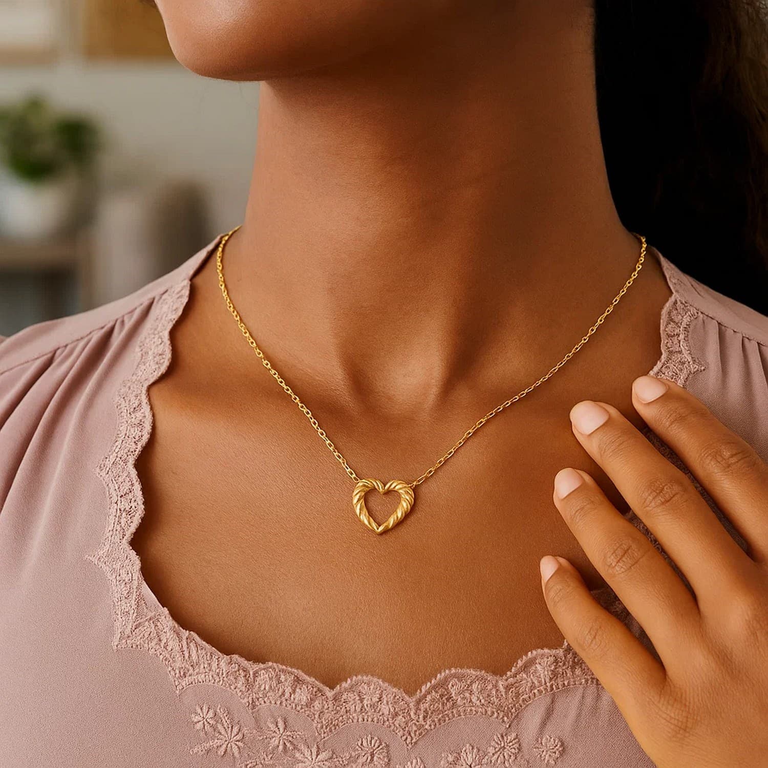 14K Yellow Gold Braided Open Heart Necklace view 5