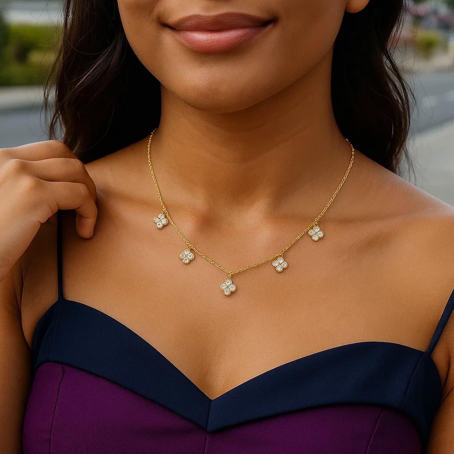 14K Yellow Gold Diamond Flower Necklace view 4