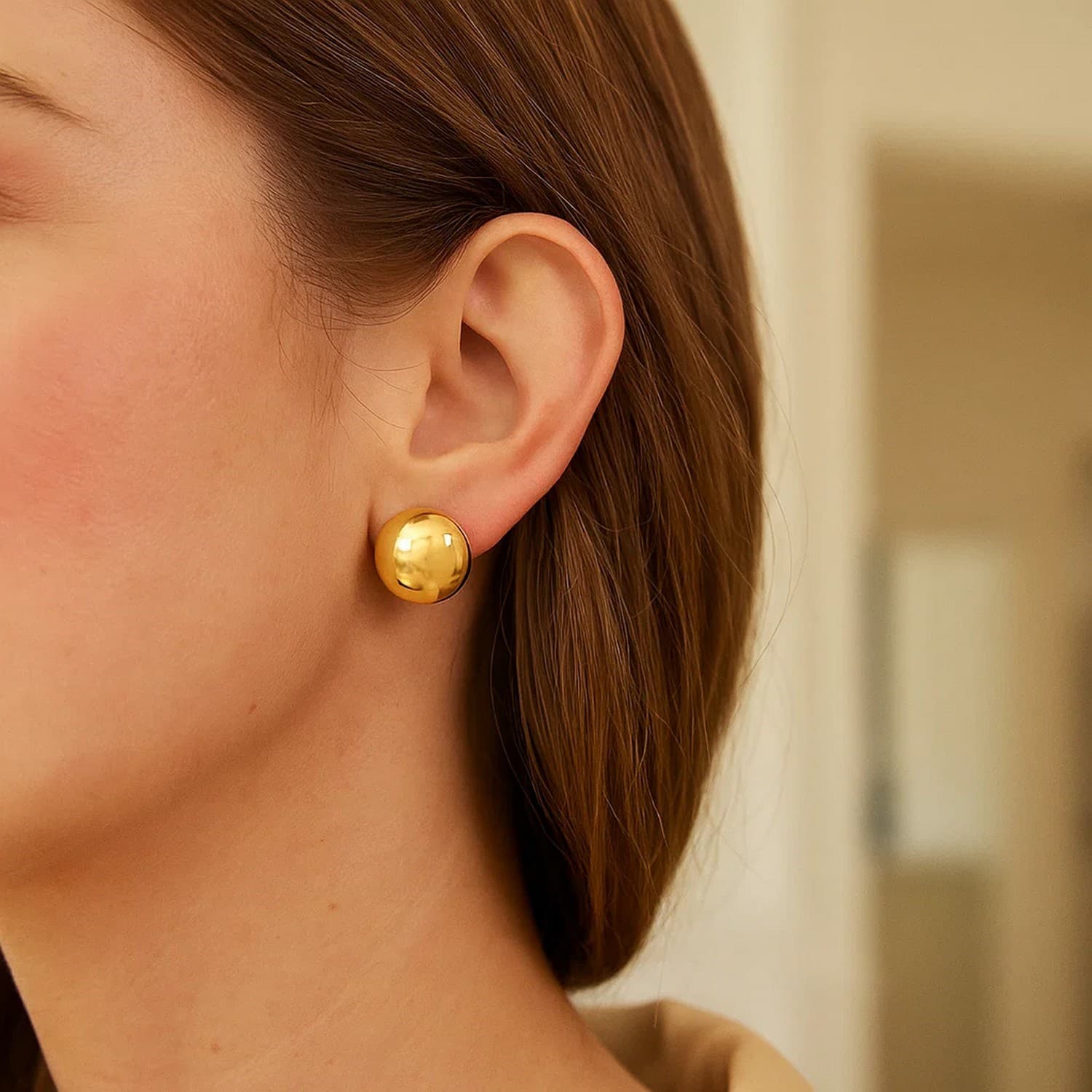 Puffed Up Button Stud Earrings in 14K Yellow Gold view 3
