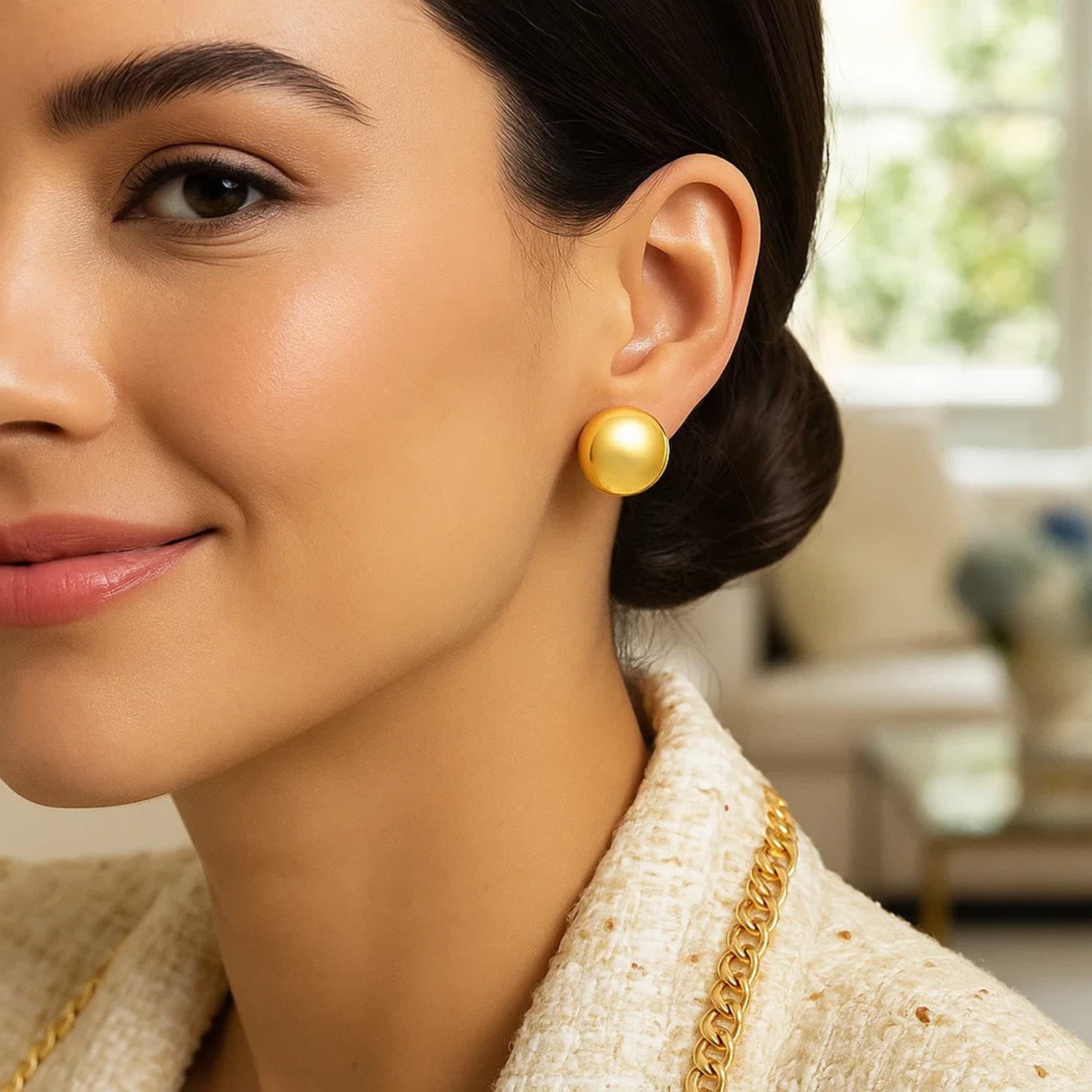 Puffed Up Button Stud Earrings in 14K Yellow Gold view 4