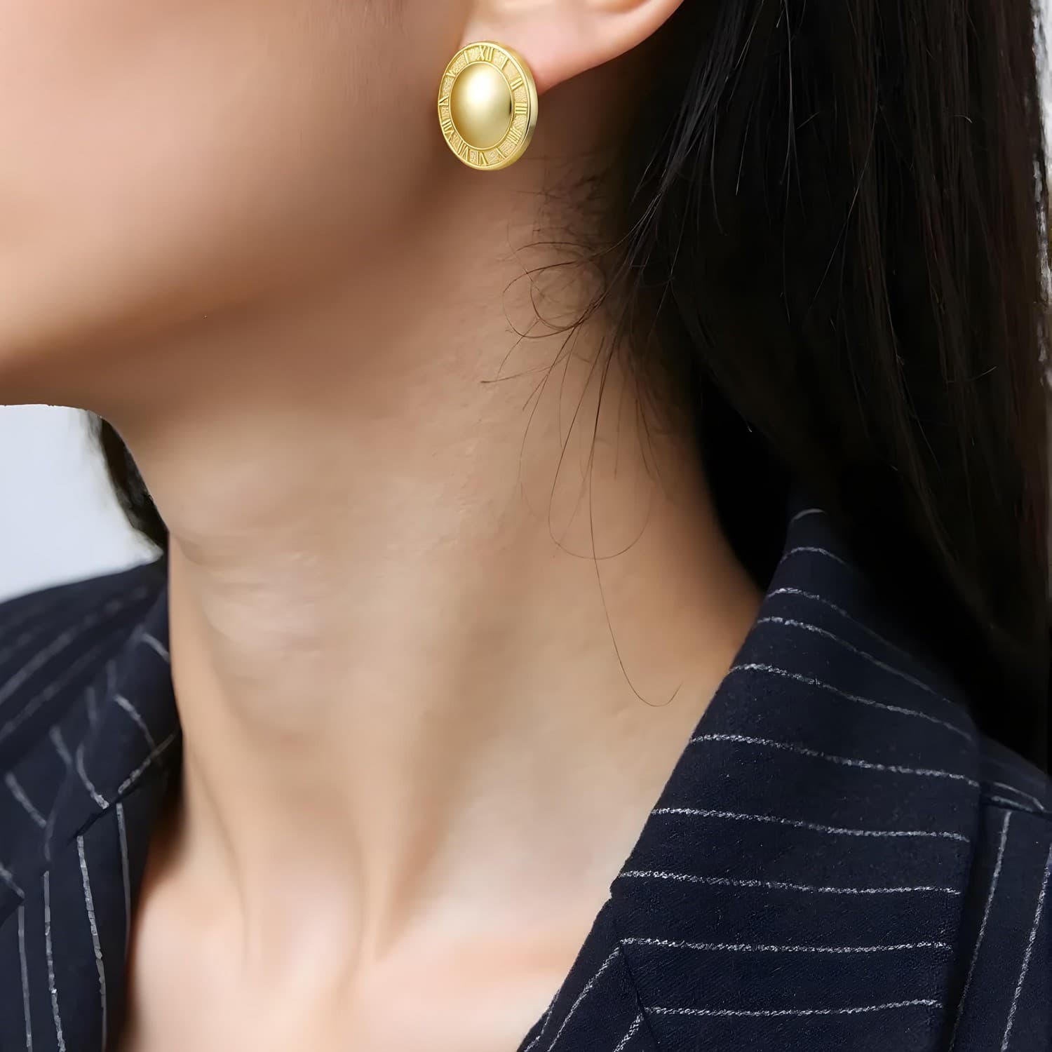 14K Yellow Gold Roman Numeral Button Stud Earrings view 3