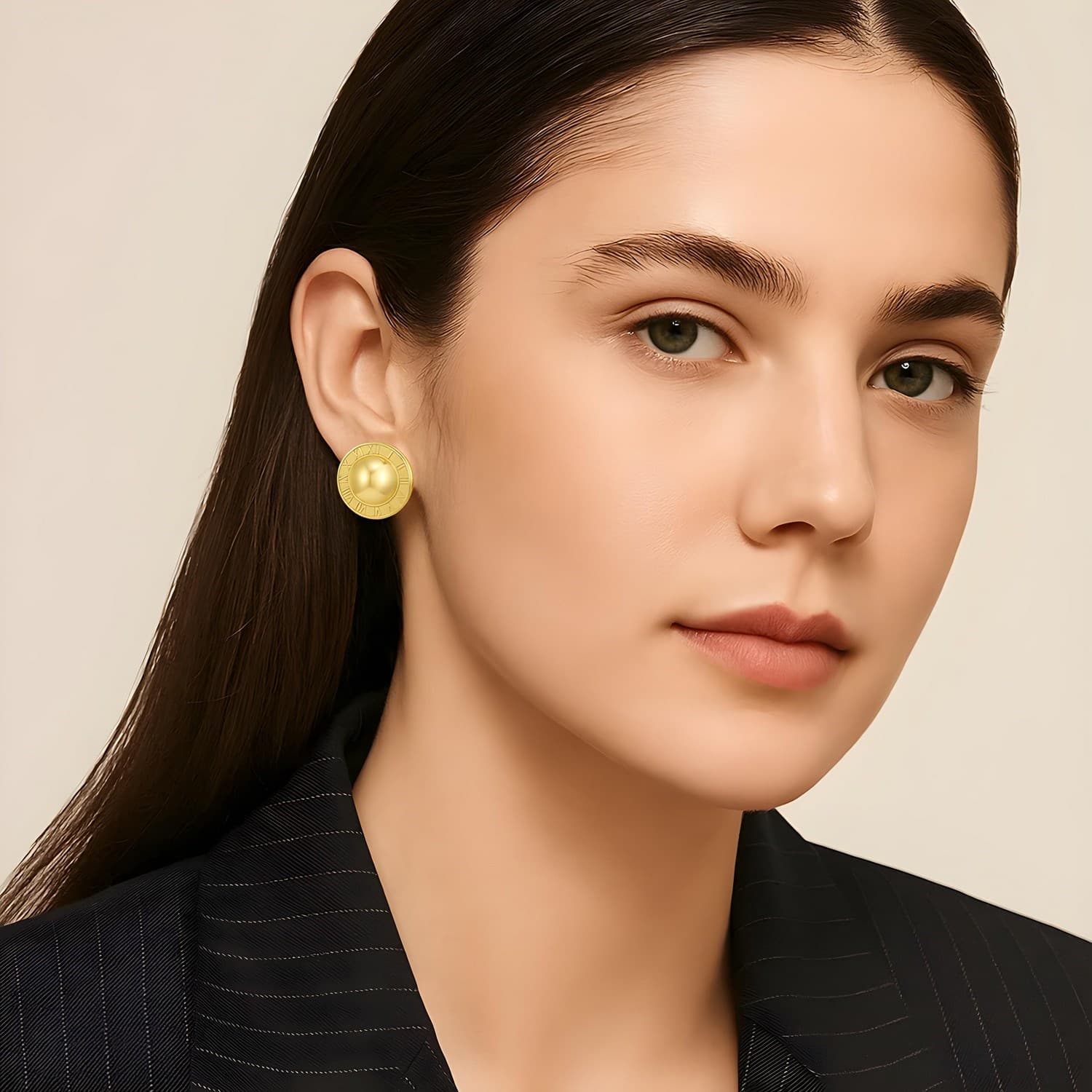 14K Yellow Gold Roman Numeral Button Stud Earrings view 4