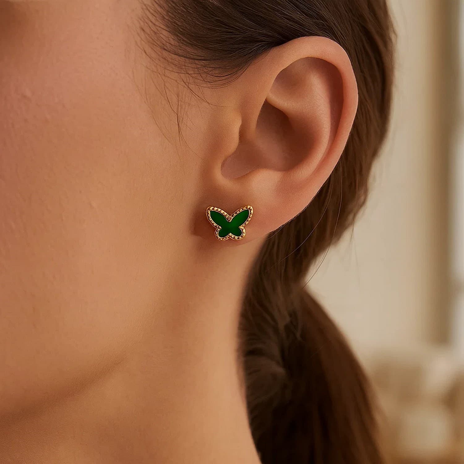 14K Yellow Gold Primavera Malachite Butterfly Stud Earrings view 3