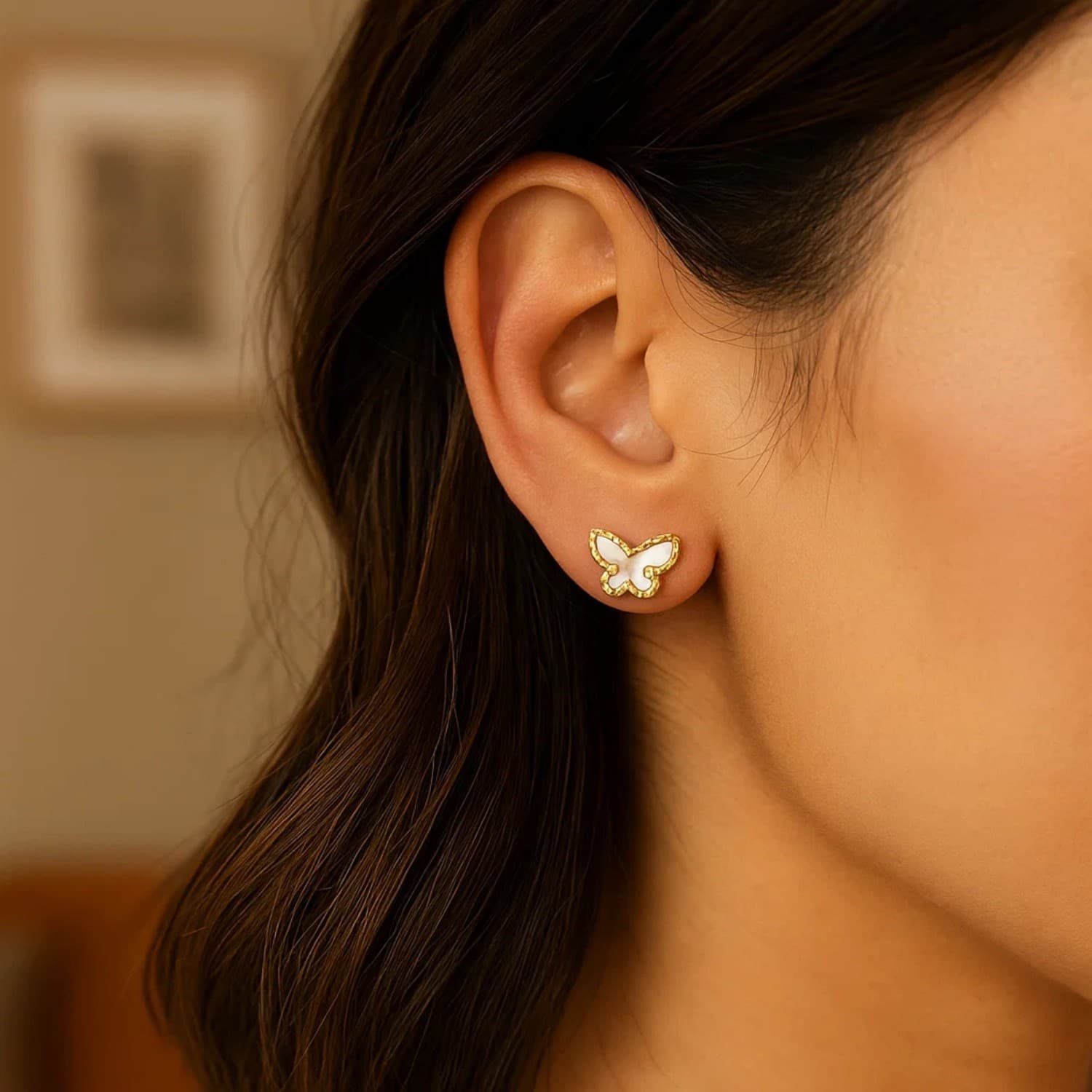 14K Yellow Gold Mother of Pearl Butterfly Stud Earrings view 3