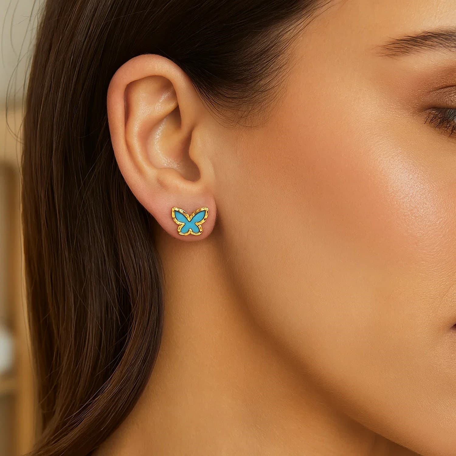 14K Yellow Gold Primavera Turquoise Butterfly Stud Earrings view 3
