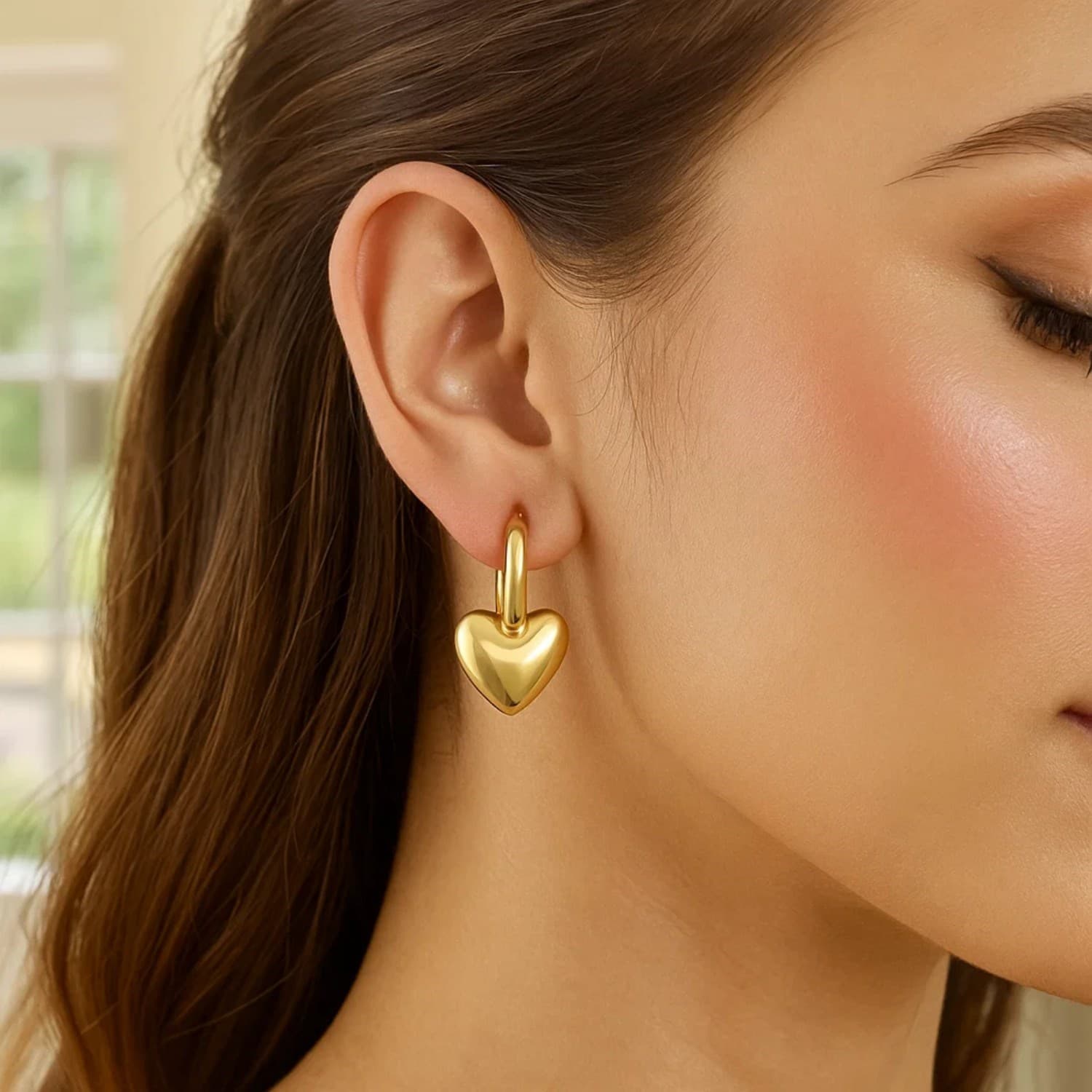 14K Yellow Gold Puffy Heart Dangle Huggie Hoops Earrings — alternate view